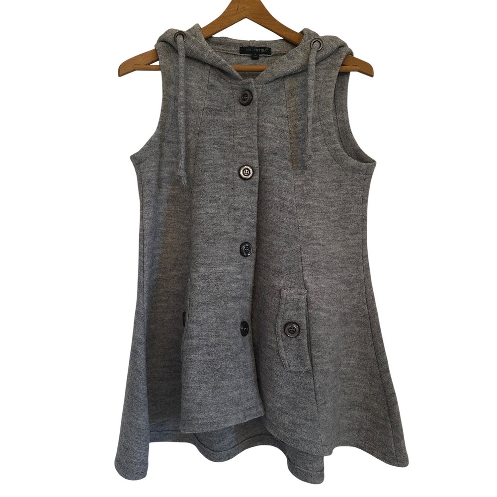 For Cynthia Womens 100% Wool Sleeveless Hooded Cardigan Sweater Gray Sz S